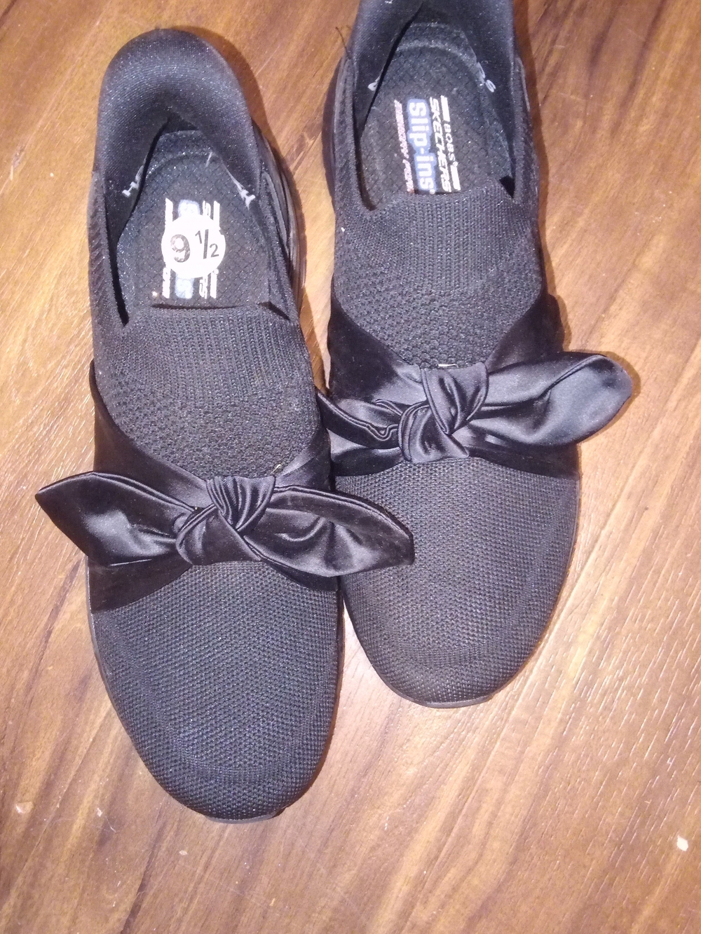 Skechers Black Knit Slip-On Flats with Satin Bow